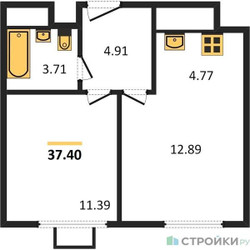 Планировка однокомнатной(квартира) площадью 37.4 квадратных метров в “ЖК Одинград. Квартал Семейный”