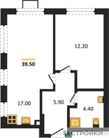 Планировка однокомнатной(квартира) площадью 39.5 квадратных метров в “ЖК Лучи-2”