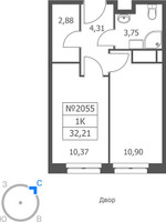 Планировка однокомнатной(апартаменты) площадью 32.21 квадратных метров в “ЖК Волковская 67”