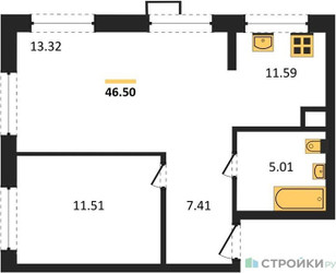 Планировка однокомнатной(квартира) площадью 46.5 квадратных метров в ЖК “ЖК Новое Внуково”