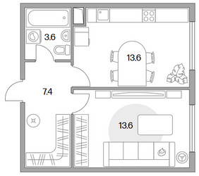 Планировка однокомнатной(квартира) площадью 38.2 квадратных метров в ЖК “ЖК Бригантина”