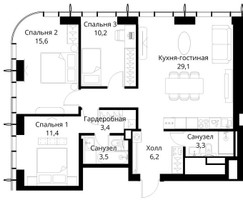 Планировка трехкомнатной(квартира) площадью 85.7 квадратных метров в “ЖК Сити Бэй”