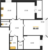 Планировка трехкомнатной(квартира) площадью 88.6 квадратных метров в “ЖК Эдельвейс (Первомайское)”