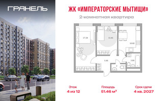 Планировка двухкомнатной(квартира) площадью 51.46 квадратных метров в “ЖК Императорские Мытищи”