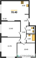 Планировка трехкомнатной(квартира) площадью 70.4 квадратных метров в “ЖК Молжаниново”