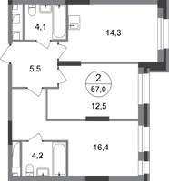 Планировка двухкомнатной(квартира) площадью 57 квадратных метров в “ЖК Первый Московский”