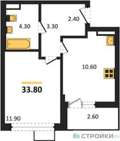 Планировка однокомнатной(квартира) площадью 33.8 квадратных метров в “ЖК Прокшино”