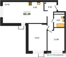 Планировка двухкомнатной(квартира) площадью 63.24 квадратных метров в “ЖК Новоград Павлино”