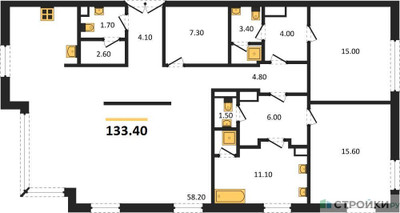 Планировка трехкомнатной(квартира) площадью 133.4 квадратных метров в ЖК “ЖК Nicole (Николь)”