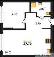 Планировка однокомнатной(квартира) площадью 37.7 квадратных метров в “ЖК Первый квартал”