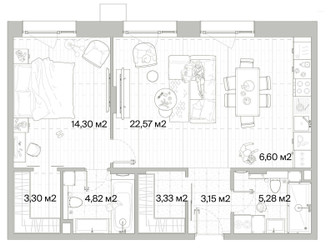 Планировка однокомнатной(квартира) площадью 63.35 квадратных метров в ЖК “Архитектурный проект Мыс”