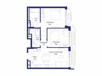 Планировка двухкомнатной(квартира) площадью 62.22 квадратных метров в ЖК “ЖК Остров”