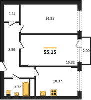 Планировка двухкомнатной(квартира) площадью 55.15 квадратных метров в “ЖК Катуар”