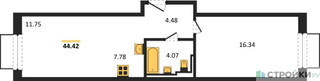 Планировка однокомнатной(квартира) площадью 44.42 квадратных метров в “ЖК Рублевский Квартал”