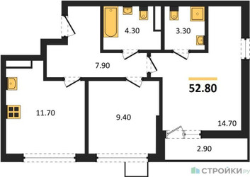 Планировка двухкомнатной(квартира) площадью 52.8 квадратных метров в ЖК “ЖК Деснаречье”