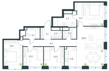 Планировка 4+ комнатной(квартира) площадью 112.8 квадратных метров в ЖК “ЖК Level Звенигородская”