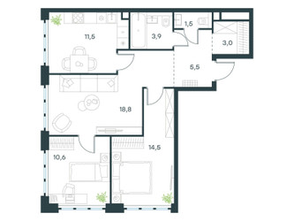 Планировка трехкомнатной(квартира) площадью 69.3 квадратных метров в ЖК “ЖК Левел Южнопортовая”