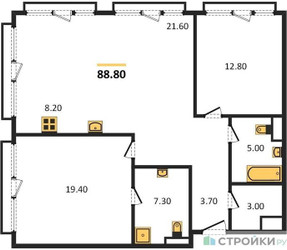 Планировка двухкомнатной(квартира) площадью 89.1 квадратных метров в ЖК “ЖК OPUS (Опус)”