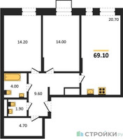 Планировка двухкомнатной(квартира) площадью 69.1 квадратных метров в “ЖК Первый Московский”