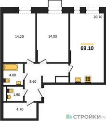 Планировка двухкомнатной(квартира) площадью 69.1 квадратных метров в ЖК “ЖК Первый Московский”