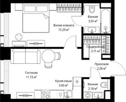Планировка однокомнатной(квартира) площадью 43.34 квадратных метров в “ЖК Веер”