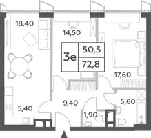Планировка трехкомнатной(квартира) площадью 72.8 квадратных метров в “ЖК Will Towers (Вилл Тауэрс)”