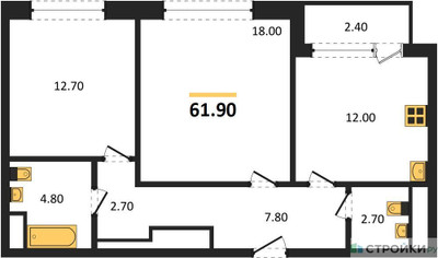 Планировка двухкомнатной(квартира) площадью 61.9 квадратных метров в ЖК “Квартал Филатов луг”