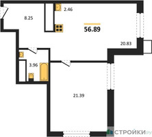Планировка однокомнатной(квартира) площадью 56.89 квадратных метров в “ЖК EvoPark Сокольники”