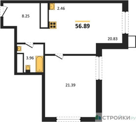 Планировка однокомнатной(квартира) площадью 56.89 квадратных метров в ЖК “ЖК EvoPark Сокольники”