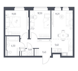 Планировка двухкомнатной(квартира) площадью 51.75 квадратных метров в ЖК “ЖК Большое Путилково”