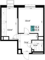 Планировка однокомнатной(квартира) площадью 43.5 квадратных метров в “ЖК Одинцово Сити”