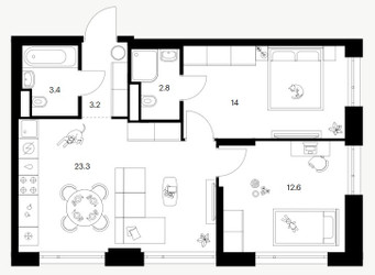 Планировка двухкомнатной(квартира) площадью 59.3 квадратных метров в ЖК “ЖК 2-й Иртышский”
