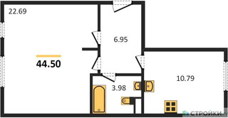 Планировка однокомнатной(апартаменты) площадью 44.5 квадратных метров в “ЖК Равновесие”