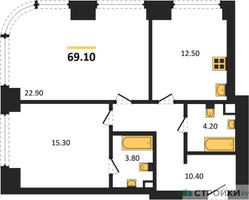 Планировка двухкомнатной(квартира) площадью 69.1 квадратных метров в “ЖК Nagatino i-Land (Нагатино ай-лэнд)”