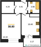 Планировка однокомнатной(квартира) площадью 38.8 квадратных метров в “ЖК ВОСТОК II”
