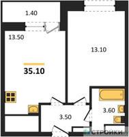 Планировка однокомнатной(квартира) площадью 36.3 квадратных метров в “ЖК Пушкино Град”