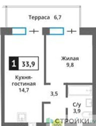 Планировка однокомнатной(квартира) площадью 33.9 квадратных метров в ЖК “ЖК Никольский квартал Отрада”