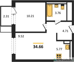 Планировка однокомнатной(квартира) площадью 34.66 квадратных метров в “ЖК Квартал Марьино”