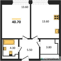 Планировка однокомнатной(квартира) площадью 40.7 квадратных метров в “ЖК INJOY (Инджой)”