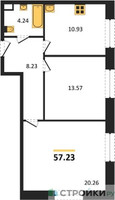 Планировка двухкомнатной(квартира) площадью 57.23 квадратных метров в “Жилые кварталы Новое Пушкино”