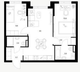 Планировка двухкомнатной(квартира) площадью 53.2 квадратных метров в ЖК “ЖК Саларьево парк”