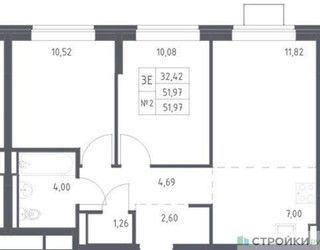 Планировка двухкомнатной(квартира) площадью 51.97 квадратных метров в ЖК “ЖК Богдановский Лес”