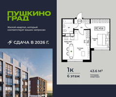 Планировка однокомнатной(квартира) площадью 43.6 квадратных метров в “ЖК Пушкино Град”