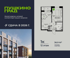 Планировка однокомнатной(квартира) площадью 36.9 квадратных метров в “ЖК Пушкино Град”