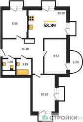 Планировка трехкомнатной(квартира) площадью 58.89 квадратных метров в ЖК “ЖК ВОСТОК II”