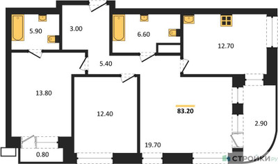 Планировка трехкомнатной(квартира) площадью 83.2 квадратных метров в ЖК “ЖК Родина Парк”