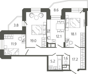 Планировка трехкомнатной(квартира) площадью 89.6 квадратных метров в ЖК “ЖК Советская 18”