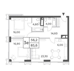 Планировка трехкомнатной(квартира) площадью 85.6 квадратных метров в ЖК “ЖК Will Towers (Вилл Тауэрс)”