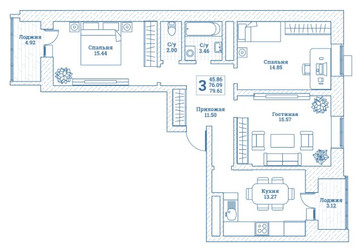 Планировка трехкомнатной(квартира) площадью 80.2 квадратных метров в ЖК “ЖК Новоград Монино”