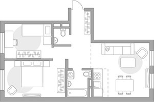 Планировка трехкомнатной(квартира) площадью 58.9 квадратных метров в “ЖК Аникеевский”